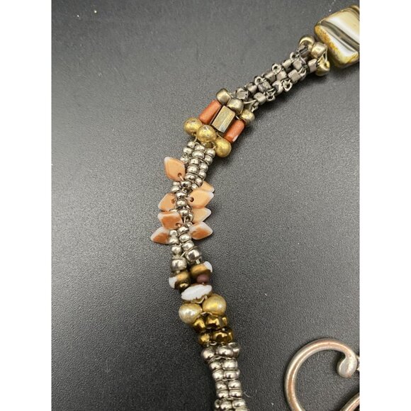 Artisan Necklace Boho Natural Stone Shell Glass Bead Antiqued Bronze Toggle 38" - Picture 13 of 13